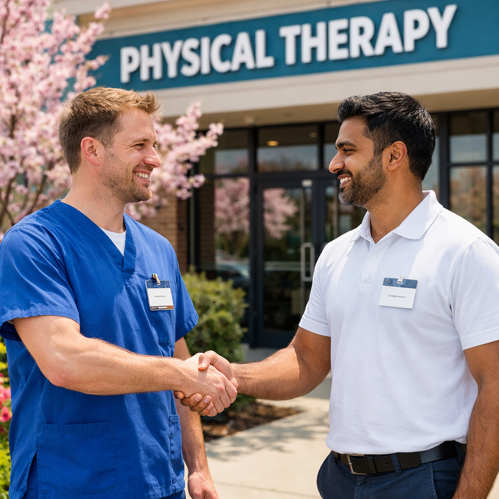 Physical Therapists Shaking Hands Outside Clinic Springtime-1