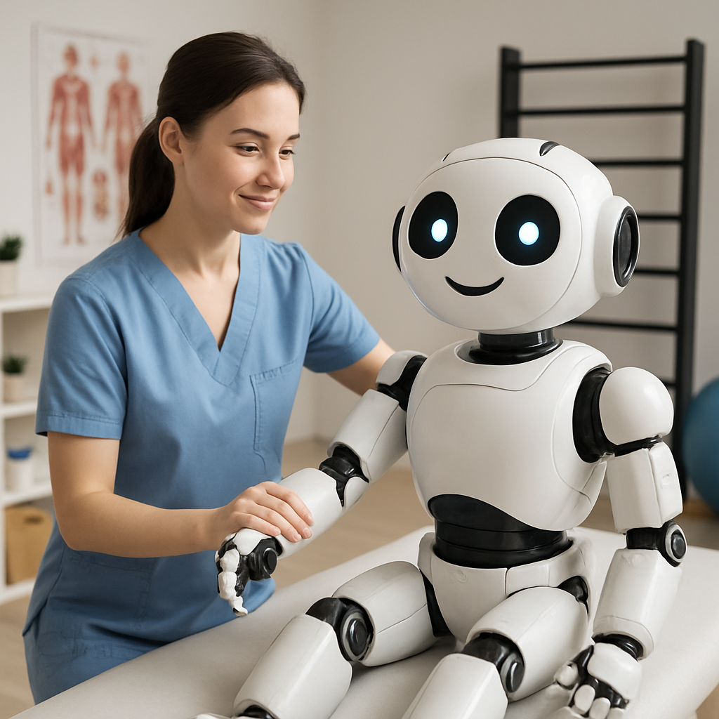 physical therapist treating a cute and friendly robot physical therapist treating a cute and friendly robot
